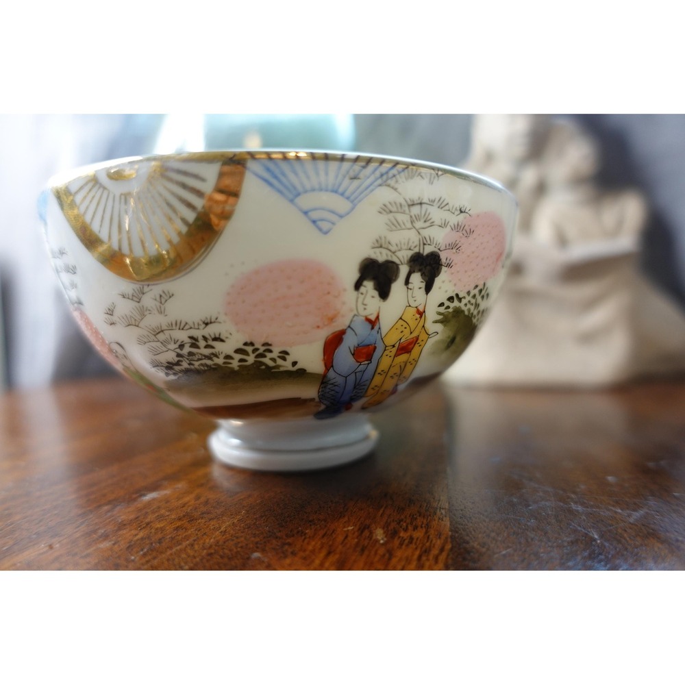 Vintage Japanese Kutani Eggshell Porcelain Bowl Geisha Mt Fuji Moriage Gold 5.5"